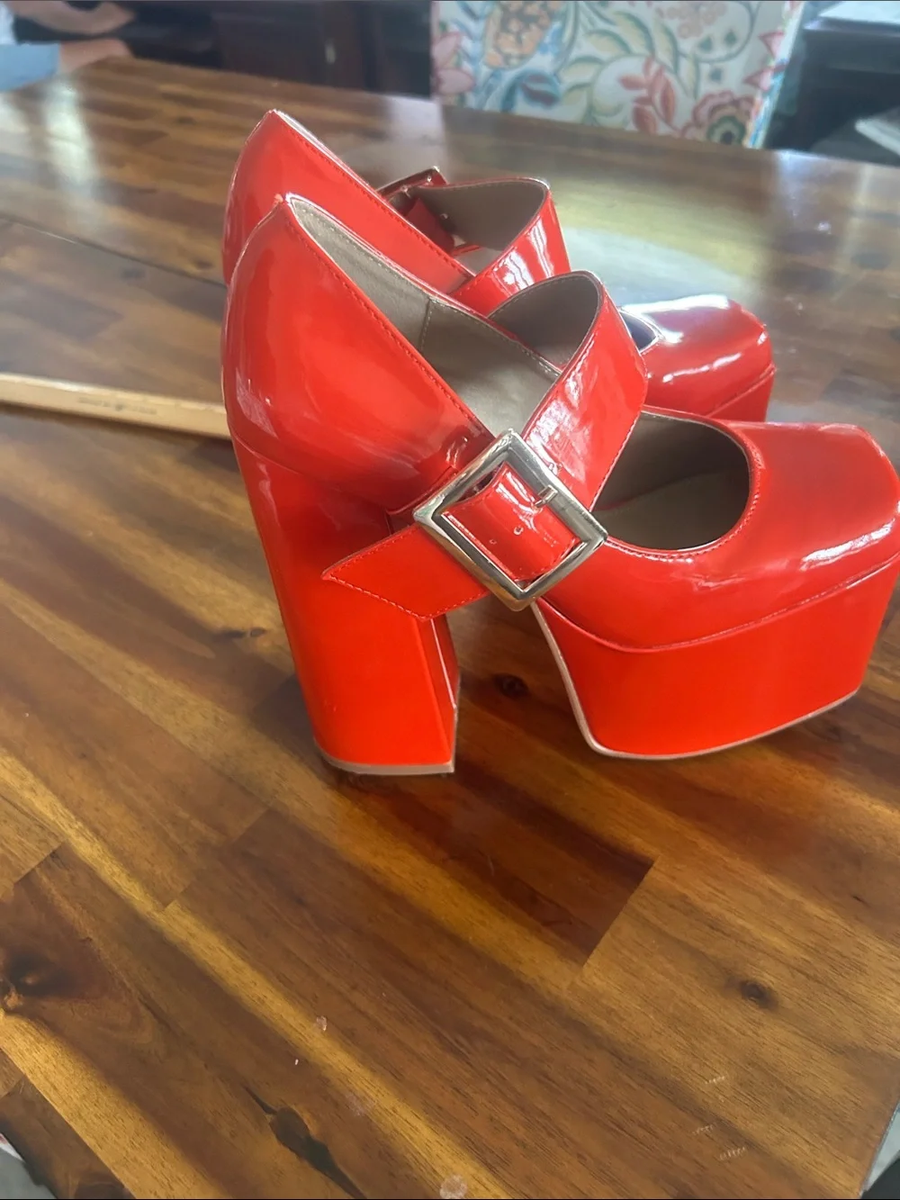 EGO Red Patent Platform Mary Jane Heels with Gold Buckle uk size 5